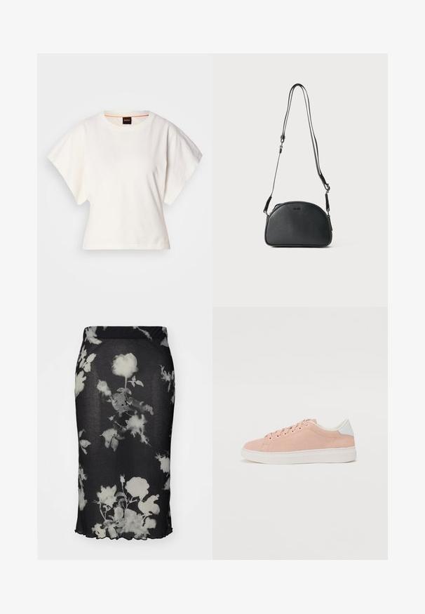 Tricou alb scurt, cu mâneci scurte și largi, din bumbac moale, cu decolteu rotund și un finisaj subtil portocaliu, design minimalist, fără modele sau grafice.; Fustă neagră cu nervuri, având un print floral alb, cu un design ajustat și tiv ondulat. Materialul pare elastic și ușor.; Tenis în nuanță de roz deschis din suede, cu talpă din cauciuc alb, vârf rotunjit și accent alb la toc. Are șireturi plate și un branding minimal pe lateral.; Geantă din piele neagră tip crossbody, cu o formă rotundă, două bretele ajustabile și un logo discret pe față. Exterior texturat, design minimalist.