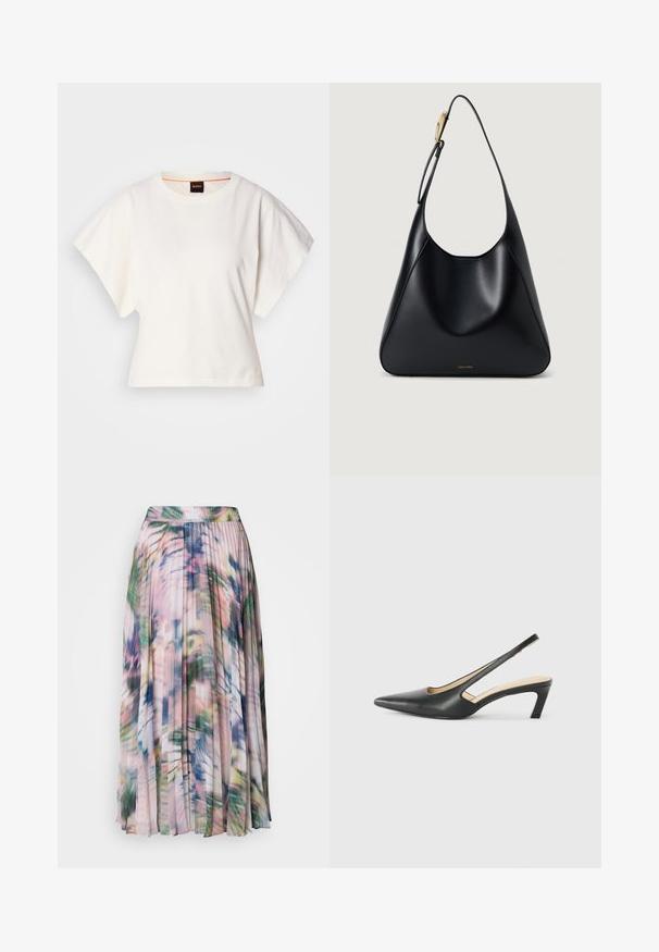Witte gecropte T-shirt, korte brede mouwen, zachte katoenmaterialen, ronde halslijn met subtiele oranje rand, minimalistisch ontwerp, geen patronen of graphics.; Plisse midi-rok van lichtgewicht, doorschijnende stof. Heeft een meerkleurig abstract bloemenpatroon in tinten roze, groen en blauw.; Zwarte puntige slingback schoen met een lage hak, gemaakt van soepel leer en voorzien van een uitsnede aan de zijkant voor ventilatie.; Zwarte leren schoudertas met een gladde textuur, gebogen silhouet en een goudkleurige hardwareaccent. Beschikt over het reliëf logo van het merk aan de onderkant.