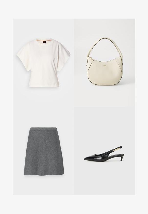Valge lühikeste laiadte varrukatega lühike T-särk, pehme puuvillane materjal, ümar kaelus kergelt oranži ääristusega, minimaalne disain, ilma mustrite ja graafikateta.; Halli halli seelik, millel on liibuv vöökoht, A-kuju ja sile tekstuur. Ilma taskute või nähtavate detailideta. ; Mustad nahast slingback kontsad terava ninaga, millel on õhuke konts ja kuldse tooni aktsent reguleeritaval rihmal. Sile tekstuur.; Kreemivärvi käsipott, millel on tekstureeritud viimistlus, kumer kuju, lühike käepide ja kuldse tooniga logo detail. Ülemine lukustus.