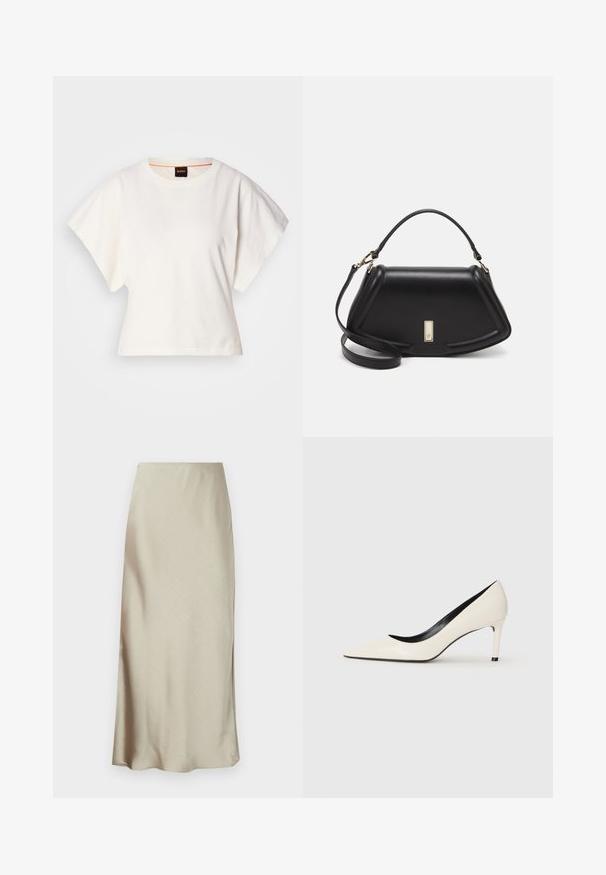 Witte gecropte T-shirt, korte brede mouwen, zachte katoenmaterialen, ronde halslijn met subtiele oranje rand, minimalistisch ontwerp, geen patronen of graphics.; Een lange, lichtbeige rok van soepel stof heeft een subtiele glans en een flared zoom, wat zorgt voor een strakke, minimalistische uitstraling.; Witte gepatineerde leren hoge hakken met een puntige neus, slanke hak en zwarte interieurafwerking. Gladde textuur en stijlvolle uitstraling.; Zwarte leren handtas met een gestructureerd ontwerp, featuring een verkorte vorm, bovenhandvat en gouden hardwareaccent. Inclusief verstelbare schouderband.