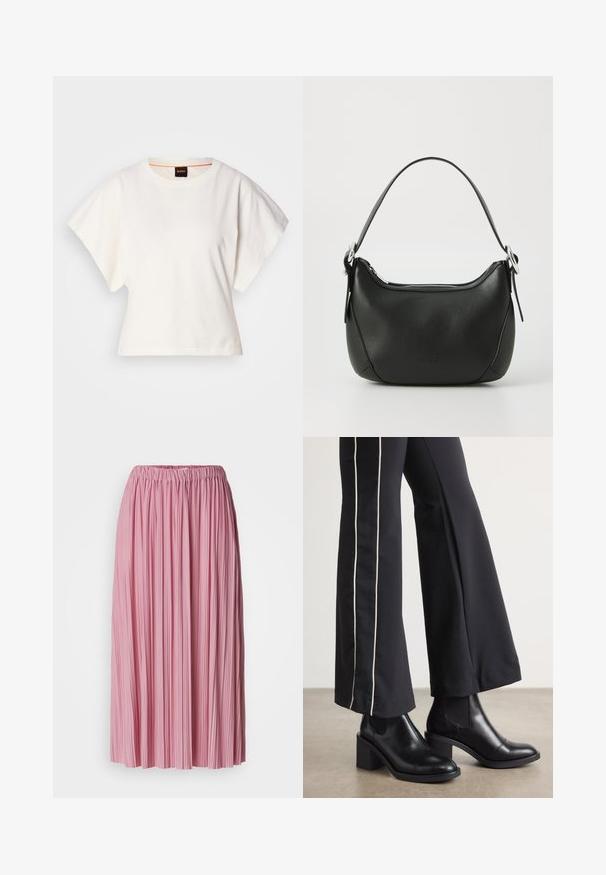 Bela skrajšana majica s kratkimi širokimi rokavi, mehka bombažna tkanina, okrogla ovratnica z diskretnim oranžnim robom, minimalističen dizajn, brez vzorcev ali grafike.; Plisirana krila v svetlo roza, izdelana iz lahke tkanine. Ima elastičen pas in prikazuje vertikalno teksturo po celotni površini.; Črne usnjene gležnjarje s blok peto, z elastičnimi stranskimi paneli. Kombinirane s črnimi hlačami, ki imajo bele stranske črte.; Črna usnjena torbica s curved obliko, srebrnim zadrgo in kratkim ročajem. Na sprednji strani se nahaja subtilen logotip in gladka tekstura.