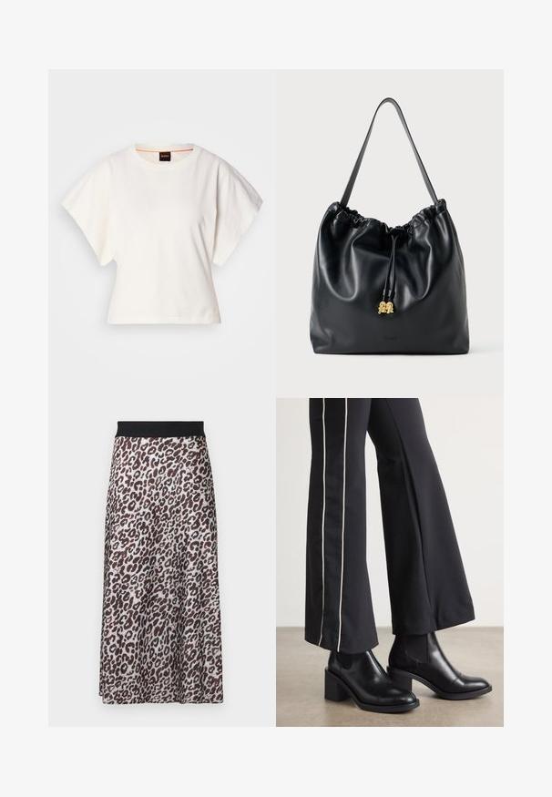 White cropped T-shirt, short wide sleeves, soft cotton material, round neckline with subtle orange trim, minimal design, no patterns or graphics.; Leopard print midi skirt with black elastic waistband featuring subtle embossed brand name.; Black leather ankle boots with a block heel, featuring elastic side panels. Paired with black pants that have a white side stripe.; Black leather drawstring bag with a smooth texture, gathered top, and subtle gold hardware. Features a single sturdy strap and embossed logo.