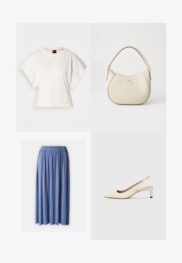 Fehér, rövid, bő ujjú, crop szabású póló, puha pamut anyagból, kerek nyakkivágással, finom narancssárga díszítéssel, minimalista dizájn, minta vagy grafika nélkül.; Kék, pliszírozott szoknya rugalmas derékkal, könnyű anyagból készült, puha tapintású és légies dizájnnal.; Fűzött orrú, elöl nyitott sarkú cipő, off-white bőrből készült, alacsony sarkú, kivágott dizájnnal, sima textúrával és minimalista kiegészítőkkel.; Krém színű kézi táska texturált felülettel, ívelt formával, rövid fogantyúval és arany színű logó részlettel. Cipzáros záródás a tetején.