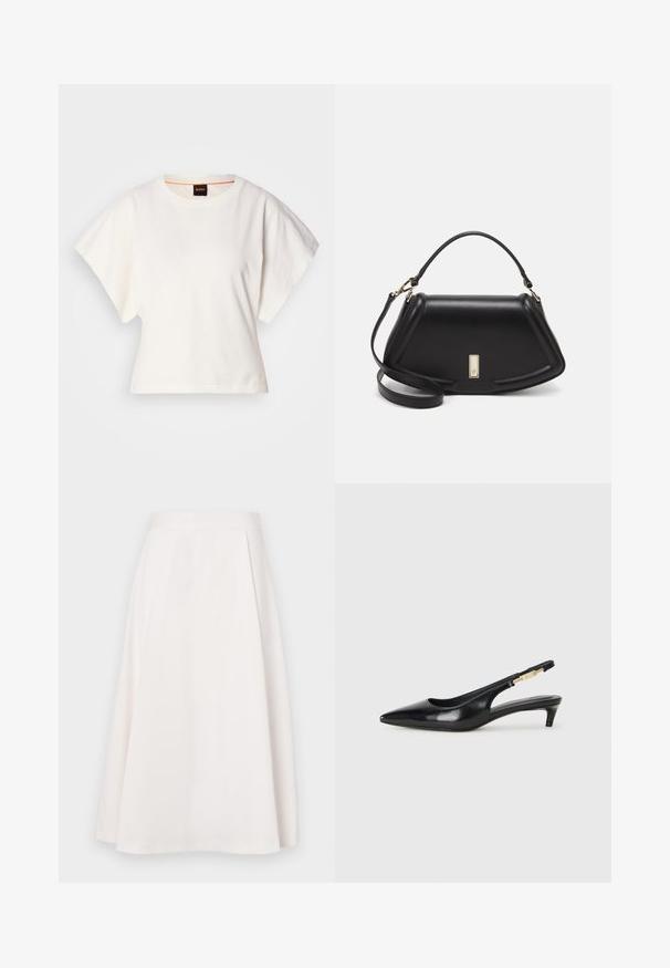 White cropped T-shirt, short wide sleeves, soft cotton material, round neckline with subtle orange trim, minimal design, no patterns or graphics.; A knee-length, white A-line skirt made from smooth fabric, featuring a flat waistband and subtle pleats for added shape and movement.; Black leather slingback heels with a pointed toe, featuring a slim heel and a gold-tone accent on the adjustable strap. Smooth texture.; Black leather handbag with a structured design, featuring a cropped shape, top handle, and gold hardware accent. Adjustable shoulder strap included.