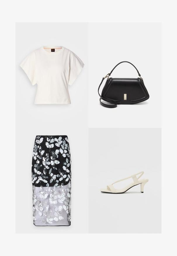 Balts īsais T-krekls, plašas īsas piedurknes, mīksts kokvilnas materiāls, apaļa kakla izgriezums ar delikātu oranžu apdari, minimāls dizains, bez rakstiem vai grafikām.; Cras SKIRT - Zīmuļsvārki - black; Beige bloku papēžu sandales ar plānām siksnām un kvadrāta formas purngalu. Gluda materiāla virsma ar minimālām detaļām, paredzētas ērtai nēsāšanai.; Melnas ādas roku soma ar struktūru, ar īsu formu, augšējo rokturi un zelta aksesuāriem. Iekļauta regulējama plecu siksna.