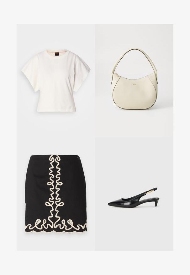Fehér, rövid, bő ujjú, crop szabású póló, puha pamut anyagból, kerek nyakkivágással, finom narancssárga díszítéssel, minimalista dizájn, minta vagy grafika nélkül.; Fekete szoknya, amelynek texturált, krém színű hímzett mintázata van, lágyan kanyargó formákkal a középen és az alján.; Fekete bőr slingback magassarkúk, hegyes orral, vékony sarkakkal és arany színű részlettel a állítható pánton. Simа felület.; Krém színű kézi táska texturált felülettel, ívelt formával, rövid fogantyúval és arany színű logó részlettel. Cipzáros záródás a tetején.