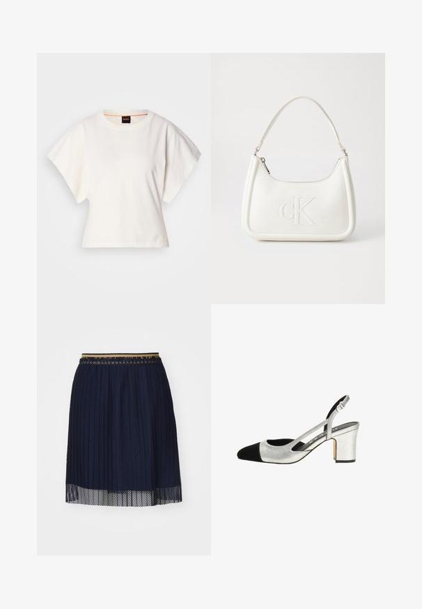 White cropped T-shirt, short wide sleeves, soft cotton material, round neckline with subtle orange trim, minimal design, no patterns or graphics.; Navy blue pleated skirt with a textured mesh fabric, featuring a contrasting waistband and a sheer hemline.; Silver slingback pump with a black cap toe, textured upper, and a block heel. Features cut-out sides and an adjustable strap for fit.; White leather handbag with a curved shape, featuring an embossed "CK" logo on the front and a single shoulder strap. Zipper closure at top.
