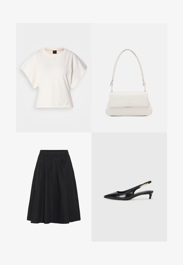 Baltas trumpas marškinėliai, plačios trumpomis rankovėmis, minkšta medvilnė, apvali kaklo iškirptė su subtiliu oranžiniu apvadu, minimalus dizainas, be raštų ar grafikų.; Juoda sijonas su elastine juosta, plačiu dizainu, iki kelių ilgio, pagamintas iš glotnaus audinio, su minimaliais siuvimo akcentais.; Juodas odinis pavasario batelių modelis su smailiu nosiu, turintis siaurą kulniuką ir auksinės spalvos akcentu reguliuojamoje juostoje. Lygi tekstūra.; Balta odinė petnešėlė su sulenkiamu priekiu, išgaubta forma ir reguliuojama rankena. Priekyje yra subtilus logotipas.