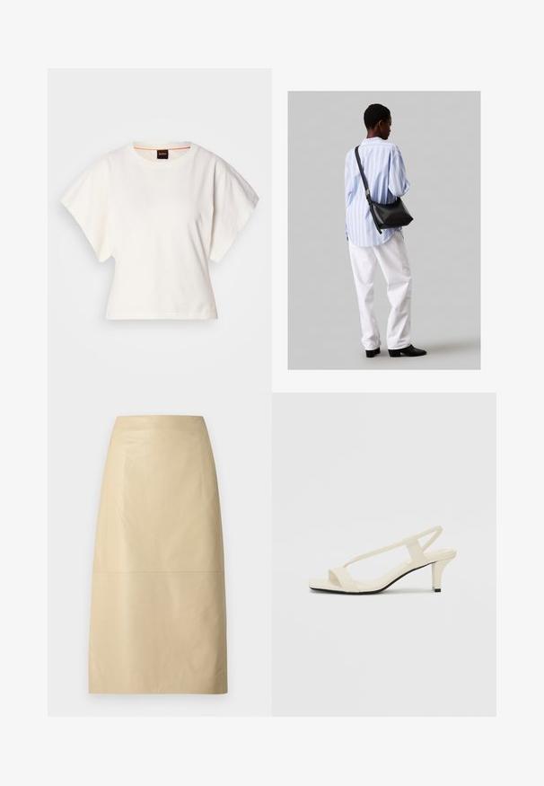 Tricou alb scurt, cu mâneci scurte și largi, din bumbac moale, cu decolteu rotund și un finisaj subtil portocaliu, design minimalist, fără modele sau grafice.; Fustă creion din piele bej, cu o textură netedă, siluetă de lungime medie și un design minimalist. Prezintă un detaliu de cusătură la centru.; Sandale bej cu toc bloc, cu bretele subțiri și vârf pătrat. Material neted cu detalii minime, concepute pentru a fi ușor de purtat.; Geantă de umăr din piele neagră cu o textură moale, formă triunghiulară și curea ajustabilă, asortată cu o bluză cu dungi albastre deschise și pantaloni albi.