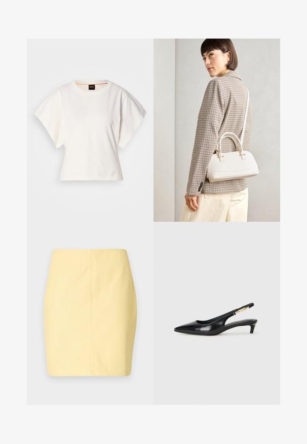 Hvit cropped T-skjorte, korte vide ermer, myk bomullsmateriale, rund halslinning med subtilt oransje kantbånd, minimalistisk design, uten mønstre eller grafikk.; Gul mini skjørt med en glatt tekstur og slank passform, med et rent design og minimale sømdetaljer.; Sorte lærreim hæler med spiss tå, som har en slank hæl og en gullfarget detalj på den justerbare stroppen. Glatt tekstur.; Hvit strukturert håndveske med korte håndtak og skulderreim, med detaljer i gullfinish og teksturert materiale, vist mot en grå bakgrunn.