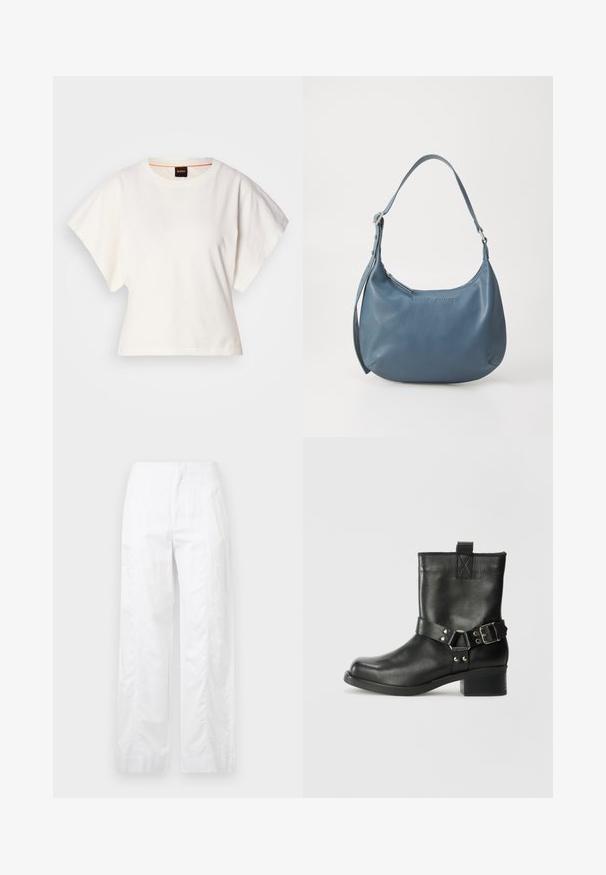 Bela skrajšana majica s kratkimi širokimi rokavi, mehka bombažna tkanina, okrogla ovratnica z diskretnim oranžnim robom, minimalističen dizajn, brez vzorcev ali grafike.; Bela široka hlače iz lahkega materiala, ki se ponašajo z gladko teksturo, čistimi linijami in visokim pasom.; Samsøe Samsøe SABRENTA - Gležnjar v kavbojskem in motorističnem slogu - black; Modra usnjena torbica z zaobljeno obliko, enim naramnim ročajem, zadrgo in vtisnjenim imenom blagovne znamke na sprednji strani. Gladka tekstura.