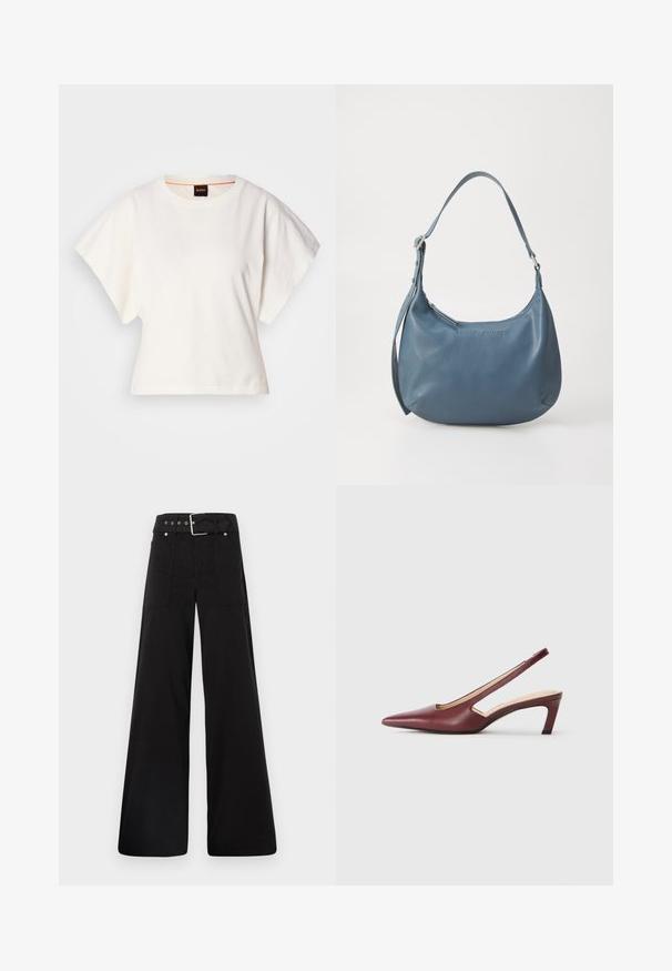 Valkoinen lyhythihainen t-paita, leveät lyhyet hihat, pehmeää puuvillamateriaalia, pyöreä pääntie jossa hienovarainen oranssi reunus, minimaalinen muotoilu, ei kuvioita tai graafisia elementtejä.; Mustat leveälahkeiset housut, jotka on valmistettu puuvillasta. Ne ovat korkeavyötäröiset, suuriin sivutaskuihin ja vyön kanssa varustettu, jossa on hopeanväriset yksityiskohdat.; Burgundin väriset slingback-kengät, joilla on terävä kärki, leikattu yksityiskohta sivuilla ja keskipitkä, lohkokorko. Sileä nahkapinta.; Sininen nahkakäsilaukku pyöreällä muotoilulla, yhdellä olkahihnalla, vetoketjukiinnityksellä ja kohokuvioidulla brändinimellä edessä. Sileä pinta.