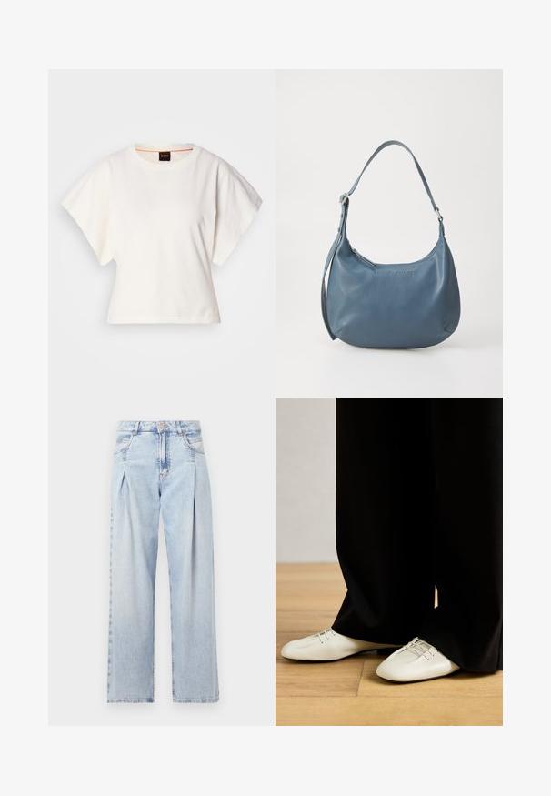 T-shirt bianca cropped, maniche corte e larghe, tessuto di cotone morbido, scollatura rotonda con bordino arancione sottile, design minimale, senza motivi o grafiche.; Jeans in denim azzurro chiaro con vita alta, taglio a gamba larga, due tasche laterali e design plissettato. Texture morbida con una finitura sbiadita.; Scarpe in pelle beige con punta arrotondata e lacci decorativi, abbinate a pantaloni neri larghi, su un pavimento in legno.; Borsa in pelle blu dalla forma arrotondata, con una sola tracolla, chiusura con zip e nome del marchio in rilievo sulla parte anteriore. Texture liscia.