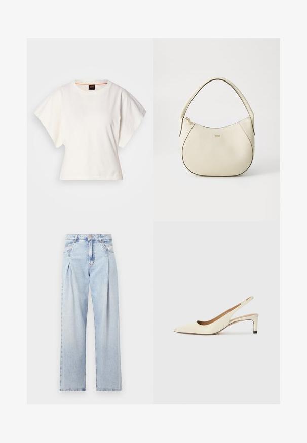 Tricou alb scurt, cu mâneci scurte și largi, din bumbac moale, cu decolteu rotund și un finisaj subtil portocaliu, design minimalist, fără modele sau grafice.; Jeans din denim albastru deschis cu talie înaltă, croială evazată, două buzunare laterale și un design pliat. Textură moale cu un finisaj decolorat.; Sandal cu vârful ascuțit, tip slingback, din piele albă, cu toc jos și design decupat, având o textură fină și accente minime.; Geantă de mână de culoare crem, cu un finisaj texturat, formă curbată, mânere scurte și detalii cu logo auriu. Închidere cu fermoar în partea de sus.