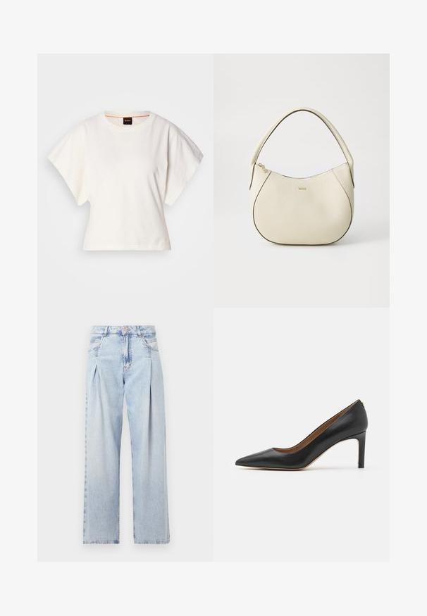 Valge lühikeste laiadte varrukatega lühike T-särk, pehme puuvillane materjal, ümar kaelus kergelt oranži ääristusega, minimaalne disain, ilma mustrite ja graafikateta.; Heledad sinise denimist valmistatud teksapüksid kõrge vöökohaga, laia jala lõikega, kahe külje taskuga ja pleedi disainiga. Pehme tekstuur ja pleekinud viimistlus.; Must musta kõrge kontsaga king, millel on terav varvas, sujuv siluett ja peen konts. Omab sileda tekstuuri ja minimaalset riistvara kaunistust.; Kreemivärvi käsipott, millel on tekstureeritud viimistlus, kumer kuju, lühike käepide ja kuldse tooniga logo detail. Ülemine lukustus.