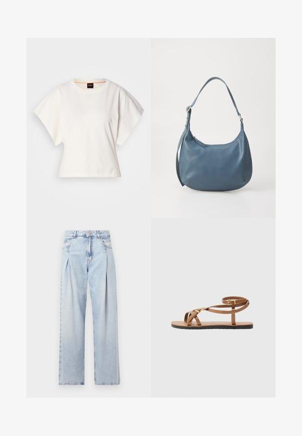 Fehér, rövid, bő ujjú, crop szabású póló, puha pamut anyagból, kerek nyakkivágással, finom narancssárga díszítéssel, minimalista dizájn, minta vagy grafika nélkül.; Világoskék farmernadrág magas derekú, bő szabású, két oldalsó zsebbel és pliszírozott dizájnnal. Puha tapintású, elhalványított felület.; Barna bőr szandál vékony pántos kialakítással, aranyszínű csattal és lapos fekete talppal, amelynek széle cikk-cakkos.; Kerekded formájú, kék bőr kézitáska, egyetlen vállpánttal, cipzárral záródik, az elülső részen domborított márkanevével. Simák a textúrája.