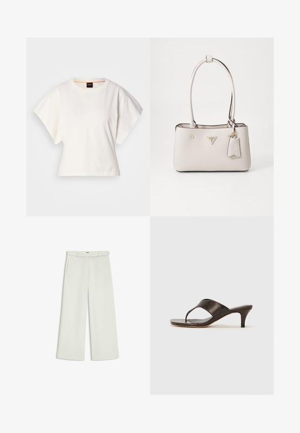 T-shirt bianca cropped, maniche corte e larghe, tessuto di cotone morbido, scollatura rotonda con bordino arancione sottile, design minimale, senza motivi o grafiche.; Pantaloni a gamba larga in tessuto crema chiaro, dotati di tasche laterali, frontale liscio e chiusura a un bottone in vita. Texture morbida.; Sandali con tacco in finta pelle di serpente marrone, con design a thong e punta quadrata. Il tacco è alto circa 5 centimetri, con una finitura liscia.; Borsa a tracolla in finta pelle beige con texture liscia, doppi manici, hardware dorato, targhetta con logo e un'etichetta attaccata.