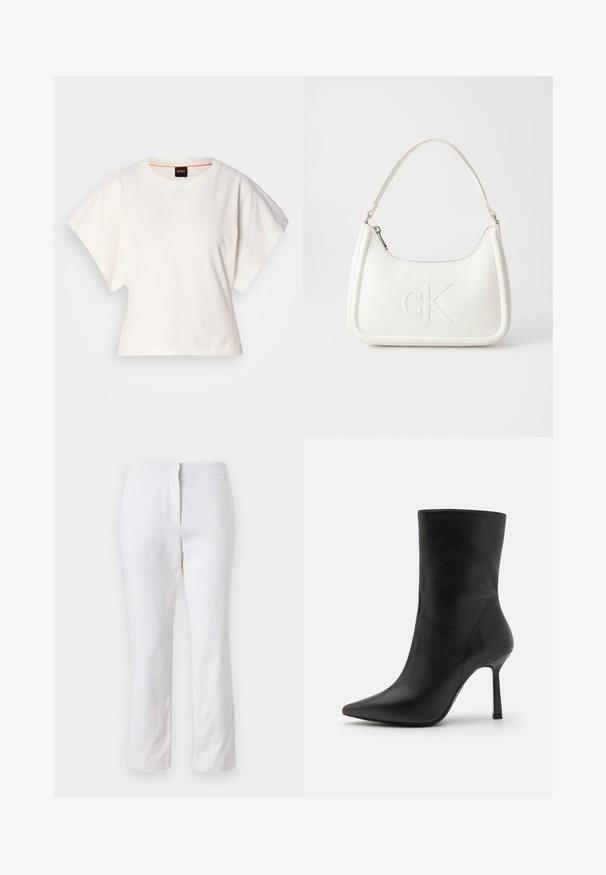 Baltas trumpas marškinėliai, plačios trumpomis rankovėmis, minkšta medvilnė, apvali kaklo iškirptė su subtiliu oranžiniu apvadu, minimalus dizainas, be raštų ar grafikų.; Balti medvilniniai kelnių su tiesiu kojų dizainu, turintys vidutinį liemenį ir be matomų detalių ar raštų. Lygi tekstūra visame paviršiuje.; Juodos odinės kulkšninių botai su smailiu pirštu, siauromis stiletto kulnais ir lygaus paviršiaus, turintys minimalistinį dizainą be papuošimų.; Balta odinė rankinė su išlenkta forma, su reljefiniu "CK" logotipu priekyje ir viena petneša. Užtrauktuko uždarymas viršuje.