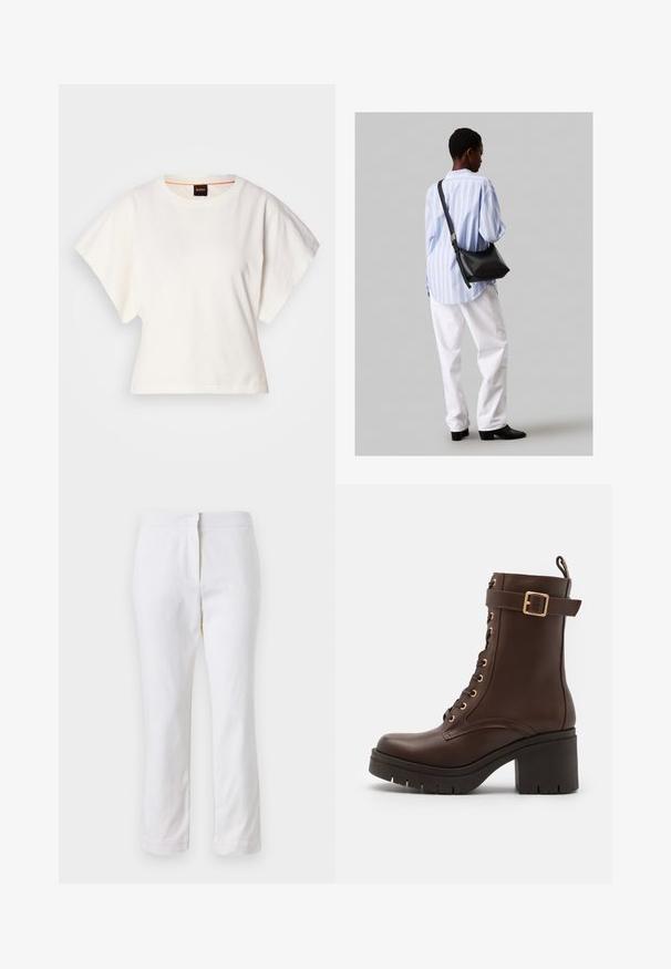 Fehér, rövid, bő ujjú, crop szabású póló, puha pamut anyagból, kerek nyakkivágással, finom narancssárga díszítéssel, minimalista dizájn, minta vagy grafika nélkül.; Fehér pamut nadrág egyenes lábformával, közepes derékkal, látható fémrészek vagy minták nélkül. Sima textúra az egész anyagon.; JOOP! UNICO MARIA ALTO - Fűzős bokacsizmák - darkbrown; Fekete bőr válltáska puha tapintással, háromszög alakú, állítható pánttal, világoskék csíkos inggel és fehér nadrággal párosítva.