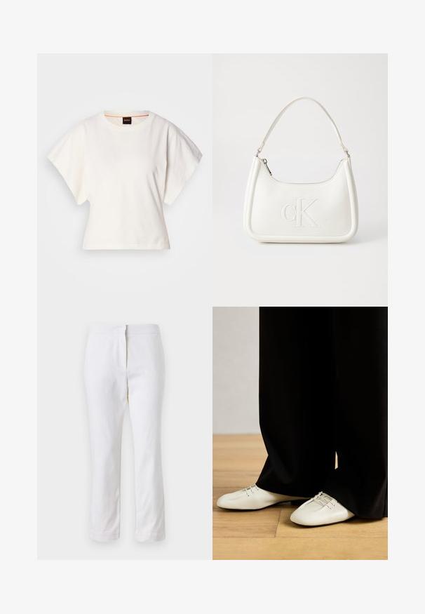 White cropped T-shirt, short wide sleeves, soft cotton material, round neckline with subtle orange trim, minimal design, no patterns or graphics.; White cotton pants with a straight leg design, featuring a mid-rise waist and no visible hardware or patterns. Smooth texture throughout.; Beige leather shoes with a sleek, rounded toe and decorative laces, paired with loose-fitting black trousers, on a wooden floor.; White leather handbag with a curved shape, featuring an embossed "CK" logo on the front and a single shoulder strap. Zipper closure at top.