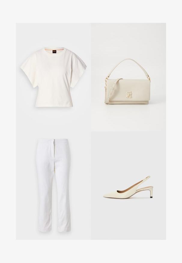 Bela skrajšana majica s kratkimi širokimi rokavi, mehka bombažna tkanina, okrogla ovratnica z diskretnim oranžnim robom, minimalističen dizajn, brez vzorcev ali grafike.; Beli bombažne hlače s ravnim krojem, srednje visoko pasom, brez vidnih kovinskih elementov ali vzorcev. Gladka textura po vsej površini.; Sandal z visokim prstom iz belega usnja, ki ima nizek peto in izrezljan dizajn z gladko teksturo in minimalnimi poudarki.; Bežna usnjena torba z izrazito obliko, z zlatimi dodatki in logotipom na sprednji strani. Ima zgornji ročaj in odstranljiv ramenski pas.