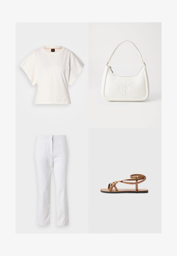 Bílý zkrácený T-shirt, krátké široké rukávy, měkký bavlněný materiál, kulatý výstřih s jemným oranžovým lemováním, minimalistický design, bez vzorů nebo grafik.; Bílé bavlněné kalhoty s rovnou nohavicou, s středně vysokým pasem a bez viditelných kovových prvků nebo vzorů. Hladká textura po celém povrchu.; Hnědé kožené sandály s tenkým páskovým designem, které mají zlatý sponu a plochou černou podrážku se zigzagovým okrajem.; Bílá kožená kabelka s křivkovým tvarem, na přední straně s vyraženým logem "CK" a jediným ramenním popruhem. Zipový uzávěr na vrchu.