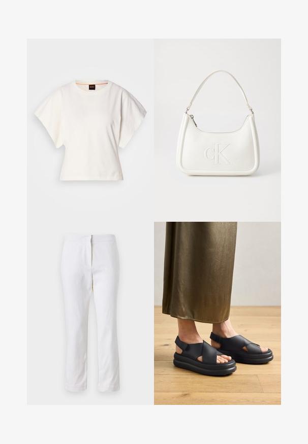 Weißes, kurzes T-Shirt, kurze weite Ärmel, weicher Baumwollstoff, runder Ausschnitt mit subtilen orangefarbenen Akzenten, minimales Design, keine Muster oder Grafiken.; Weiße Baumwollhose mit geradem Bein, mittelhoher Taille und ohne sichtbare Beschläge oder Muster. Glatte Textur auf der gesamten Fläche.; Schwarze Plateausandalen mit überkreuzten Riemen und offenem Fersenbereich, aus glattem Material gefertigt, getragen mit einem fließenden olivfarbenen Rock auf einem Holzfußboden.; Weiße Lederhandtasche mit abgerundeter Form, ausgestattet mit einem geprägten "CK"-Logo auf der Vorderseite und einem Einzel-Schultergurt. Reißverschluss oben.