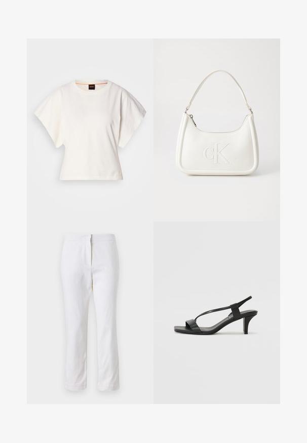 Baltas trumpas marškinėliai, plačios trumpomis rankovėmis, minkšta medvilnė, apvali kaklo iškirptė su subtiliu oranžiniu apvadu, minimalus dizainas, be raštų ar grafikų.; Balti medvilniniai kelnių su tiesiu kojų dizainu, turintys vidutinį liemenį ir be matomų detalių ar raštų. Lygi tekstūra visame paviršiuje.; Juodos aukštakulnės basutės su plona dirželių konstrukcija, kvadratiniu pirštu ir vidutinio aukščio blokuotu kulnu. Pagamintos iš lygios odos su matiniais paviršiais.; Balta odinė rankinė su išlenkta forma, su reljefiniu "CK" logotipu priekyje ir viena petneša. Užtrauktuko uždarymas viršuje.