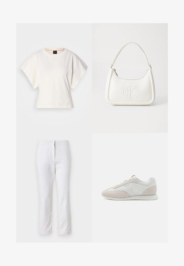 T-shirt bianca cropped, maniche corte e larghe, tessuto di cotone morbido, scollatura rotonda con bordino arancione sottile, design minimale, senza motivi o grafiche.; Pantaloni bianchi in cotone con design a gamba dritta, caratterizzati da una vita a media altezza e senza hardware o motivi visibili. Tessuto liscio su tutta la superficie.; Sneaker chiari caratterizzati da una combinazione di pelle bianca e suede beige, con una suola texturizzata e un branding minimale sul lato.; Borsa a tracolla in pelle bianca con forma curva, dotata di un logo "CK" impresso sul davanti e una singola tracolla. Chiusura a zip nella parte superiore.