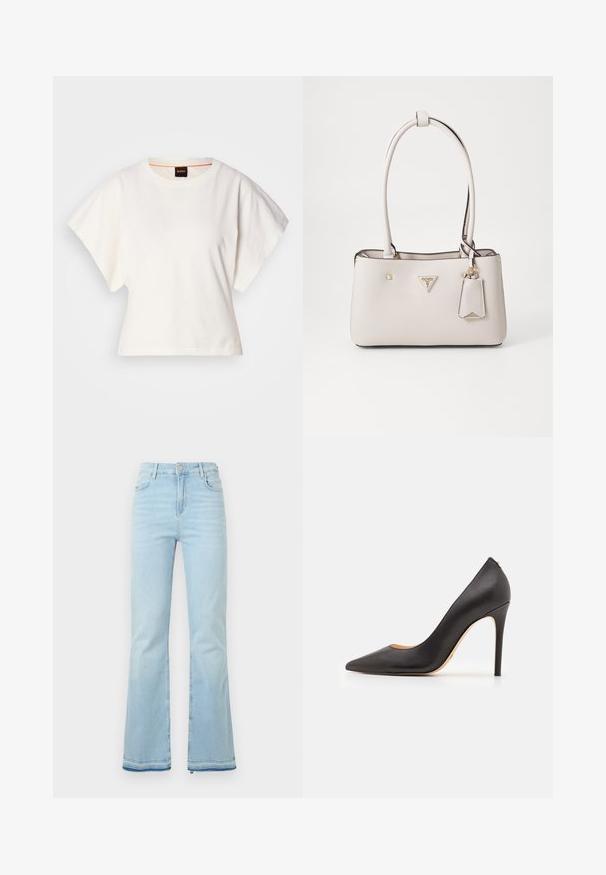 Camiseta blanca recortada, con mangas cortas y anchas, material de algodón suave, cuello redondo con un sutil ribete naranja, diseño minimalista, sin patrones ni gráficos.; Pantalones de mezclilla acampanados de color azul claro, con una cintura alta, bolsillos frontales y un dobladillo sin rematar en los puños para un look casual.; Zapato de tacón alto de cuero negro con punta afilada, textura lisa y tacón de aguja delgado. Diseño minimalista, sin elementos visibles de metal.; Bolso de mano de imitación cuero beige con textura suave, doble asa para el hombro, herrajes dorados, placa con el logo y una etiqueta adjunta.