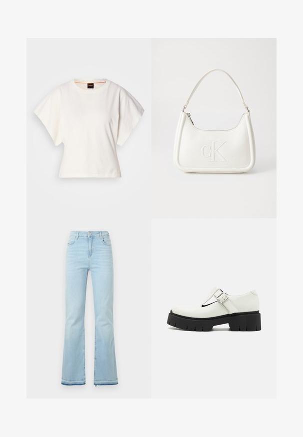 Weißes, kurzes T-Shirt, kurze weite Ärmel, weicher Baumwollstoff, runder Ausschnitt mit subtilen orangefarbenen Akzenten, minimales Design, keine Muster oder Grafiken.; Hellblaue Schlagjeans aus Denim, mit hoher Taille, Vordertaschen und einem rohen Saum an den Bündchen für einen lässigen Look.; Weißes Lackleder-Schuhwerk mit T-Bar-Design, silberner Schnalle, dickem schwarzem Gummisohle und strukturierten Akzenten an Ferse und Sohle.; Weiße Lederhandtasche mit abgerundeter Form, ausgestattet mit einem geprägten "CK"-Logo auf der Vorderseite und einem Einzel-Schultergurt. Reißverschluss oben.