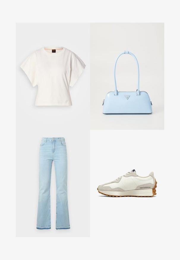 Valge lühikeste laiadte varrukatega lühike T-särk, pehme puuvillane materjal, ümar kaelus kergelt oranži ääristusega, minimaalne disain, ilma mustrite ja graafikateta.; Heledad helesinised teksad, mis on valmistatud denimist, kõrge vöökohaga, esikottidega ning toore äärtega sääreosas, et luua lõdvestunud välimus.; Valge ja beež sneaker, millel on sile nahast pealismaterjal, tekstiil aktsendid, ümar varvas ja tekstuuriga kummist välispind. Brändi nimi on trükitud küljele.; Hele helesinine käekott, millel on struktureeritud kuju, sile nahk, kaks käepidet ja kolmnurkne brändi logo esiküljel. Lukuga sulgemine.