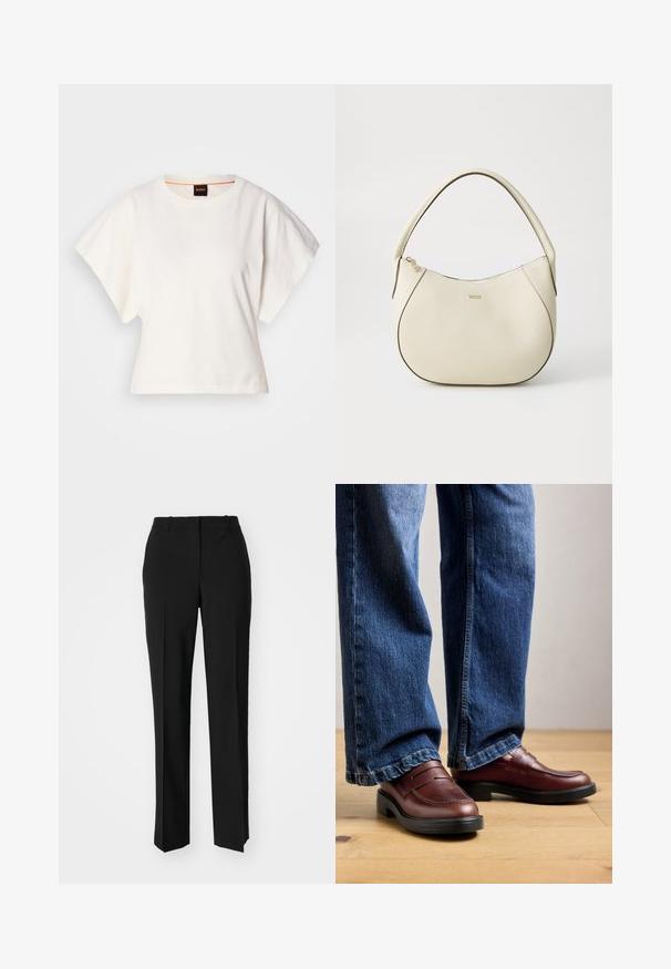 T-shirt blanc cintré, manches courtes et larges, en coton doux, décolleté rond avec une discrète bordure orange, design minimaliste, sans motifs ni graphiques.; Pantalon noir ajusté avec une coupe droite, présentant une texture lisse et des plis nets sur le devant. Aucune quincaillerie visible.; Personne portant des mocassins en cuir marron et un jean bleu, se tenant sur un sol en bois devant un fond neutre.; Sac à main couleur crème avec une finition texturée, forme courbée, anses courtes et détail de logo doré. Fermeture éclair sur le dessus.