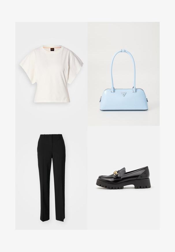 Hvit cropped T-skjorte, korte vide ermer, myk bomullsmateriale, rund halslinning med subtilt oransje kantbånd, minimalistisk design, uten mønstre eller grafikk.; Sorte skreddersydde bukser med rett silhuett, med en glatt tekstur og klare pressede bretter foran. Ingen synlig maskinvare.; Sorte lakkloafere med en tykk, tagskåret svart såle og en gull hardwaredetalj foran. Glatt tekstur, klassisk design.; Lyseblå veske med strukturert form, glatt skinnmateriale, to håndtak og en trekantet merkevarelogo på fronten. Glidelås-lukking.