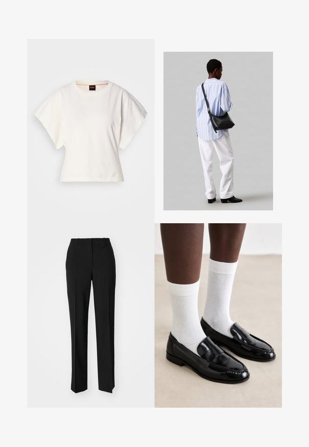 Tricou alb scurt, cu mâneci scurte și largi, din bumbac moale, cu decolteu rotund și un finisaj subtil portocaliu, design minimalist, fără modele sau grafice.; Pantaloni negri tailor-ed cu un design drept, având o textură fină și cute clare pe față. Fără elemente de prindere vizibile.; Loafers negri din piele lacuită, cu un design cusut, asortați cu șosete albe din bumbac, afișați pe un fundal de podea deschis.; Geantă de umăr din piele neagră cu o textură moale, formă triunghiulară și curea ajustabilă, asortată cu o bluză cu dungi albastre deschise și pantaloni albi.