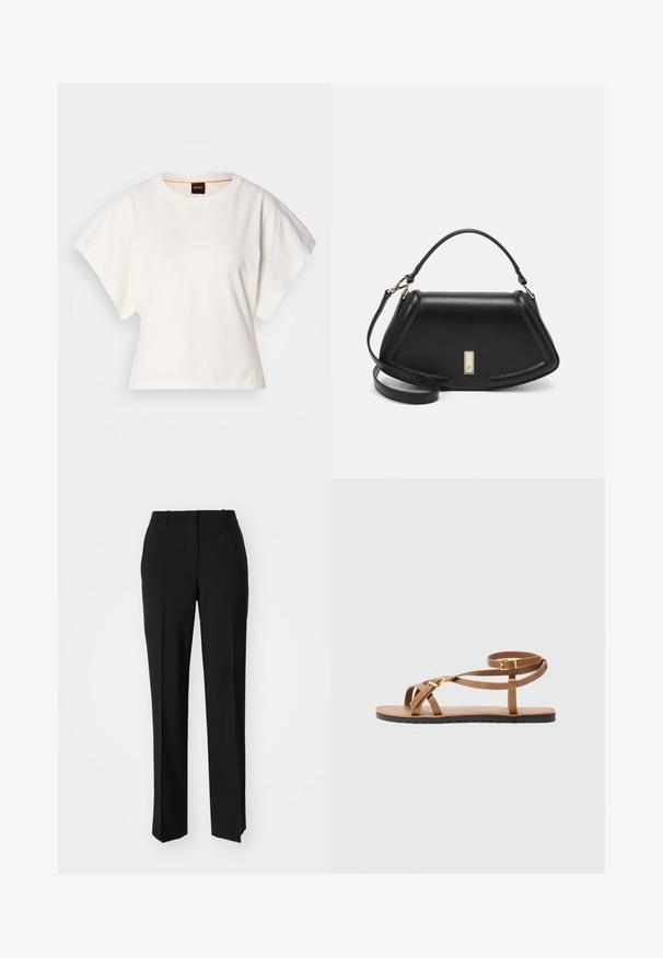 White cropped T-shirt, short wide sleeves, soft cotton material, round neckline with subtle orange trim, minimal design, no patterns or graphics.; Black tailored trousers with a straight-leg design, featuring a smooth texture and crisp creases along the front. No visible hardware.; Brown leather sandal with thin strappy design, featuring a gold-tone buckle and flat black sole with zigzag edge.; Black leather handbag with a structured design, featuring a cropped shape, top handle, and gold hardware accent. Adjustable shoulder strap included.