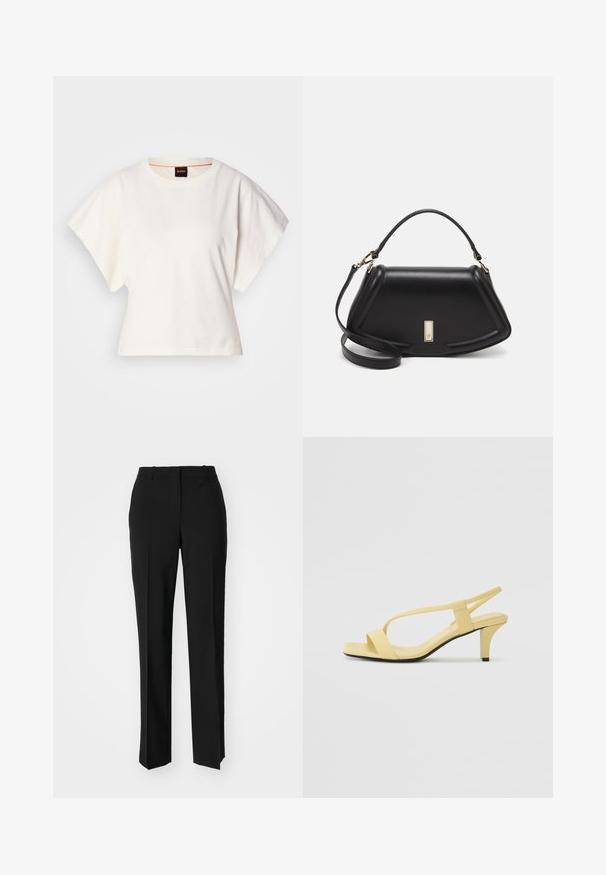 White cropped T-shirt, short wide sleeves, soft cotton material, round neckline with subtle orange trim, minimal design, no patterns or graphics.; Black tailored trousers with a straight-leg design, featuring a smooth texture and crisp creases along the front. No visible hardware.; Yellow leather heeled sandal with a square open toe, slender straps, and a tapered heel. Smooth texture and minimalistic design.; Black leather handbag with a structured design, featuring a cropped shape, top handle, and gold hardware accent. Adjustable shoulder strap included.