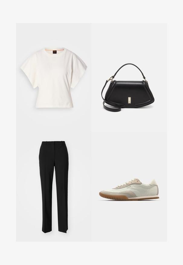T-shirt blanc cintré, manches courtes et larges, en coton doux, décolleté rond avec une discrète bordure orange, design minimaliste, sans motifs ni graphiques.; Pantalon noir ajusté avec une coupe droite, présentant une texture lisse et des plis nets sur le devant. Aucune quincaillerie visible.; Sneakers blancs et beiges avec une tige lisse et des accents en daim, une semelle texturée et des coutures ton sur ton. Fermeture à lacets avec détail de logo.; Sac à main en cuir noir avec un design structuré, featuring une forme cropped, une poignée supérieure et des accents en matériel doré. Bandoulière réglable incluse.