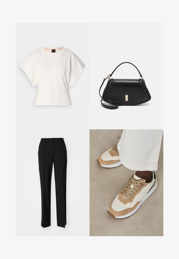 Tricou alb scurt, cu mâneci scurte și largi, din bumbac moale, cu decolteu rotund și un finisaj subtil portocaliu, design minimalist, fără modele sau grafice.; Pantaloni negri tailor-ed cu un design drept, având o textură fină și cute clare pe față. Fără elemente de prindere vizibile.; Adidași bej și maro deschis cu un superior neted, accente de suede texturat, sireturi plate și o talpă din cauciuc albă.; Geantă de umăr din piele neagră, cu un design structurat, având o formă tăiată, mânere superioare și accente din aur. Include o curea de umăr ajustabilă.