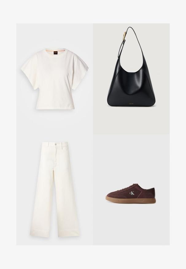 Weißes, kurzes T-Shirt, kurze weite Ärmel, weicher Baumwollstoff, runder Ausschnitt mit subtilen orangefarbenen Akzenten, minimales Design, keine Muster oder Grafiken.; Weite Hosen aus hellem beigen Baumwollstoff. Mit hoher Taille, vorderen Taschen und geradem Schnitt. Saubere Saumverarbeitung ohne Muster.; Calvin Klein Sneaker low - bordeaux; Schwarze Leder-Schultertasche mit glatter Textur, geschwungener Silhouette und goldfarbenen Hardware-Akzenten. Mit geprägtem Markenlogo an der Basis.