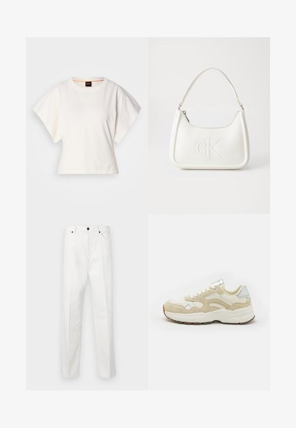 White cropped T-shirt, short wide sleeves, soft cotton material, round neckline with subtle orange trim, minimal design, no patterns or graphics.; White denim pants featuring a straight cut, button closure, and two front pockets. No visible patterns or embellishments. Smooth texture.; Beige sneaker with suede and mesh materials, rounded toe, and white laces. Silver accents on heel and tongue, textured rubber sole.; White leather handbag with a curved shape, featuring an embossed "CK" logo on the front and a single shoulder strap. Zipper closure at top.