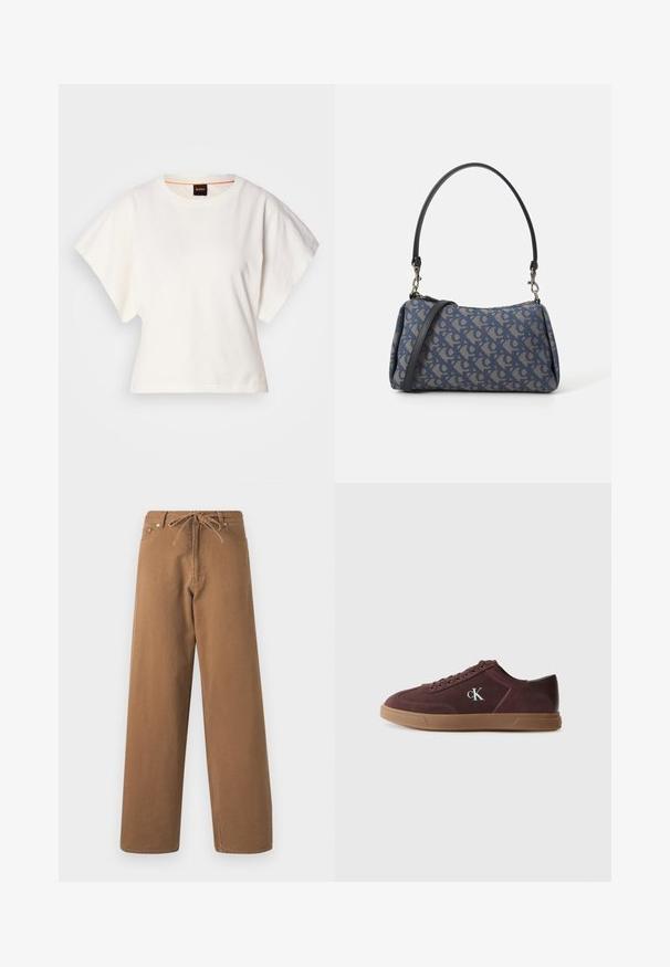 Bijeli skraćeni T-shirt, široke kratke rukave, mekani pamučni materijal, okrugli izrez s suptilnim narančastim detaljem, minimalistički dizajn, bez uzoraka ili grafika.; Smeđe široke hlače izrađene od pamuka, sa podesivim pojasom i dva prednja džepa. Teksturalna tkanina s glatkom završnom obradom.; Calvin Klein Tenisice - bordeaux; Plava torba s uzorkom izrađena od tkanine, s konveksnim oblikom, crnim kožnim remenom i dizajnom loga u svjetlijoj nijansi.