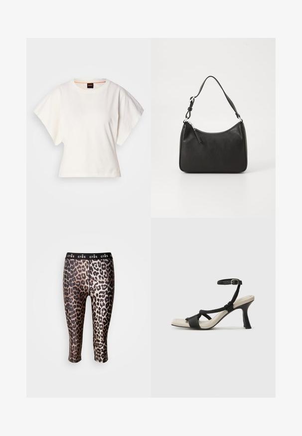 Bijeli skraćeni T-shirt, široke kratke rukave, mekani pamučni materijal, okrugli izrez s suptilnim narančastim detaljem, minimalistički dizajn, bez uzoraka ili grafika.; Skraćene tajice od rastezljivog materijala s crno-zlatnim leopard uzorkom i crnim elastičnim pojasom.; Crne sandale na visokom potpetici s dizajnom pletenih trakica, kvadratnim vrhom i podešivom trakicom oko gležnja. Svijetlosmeđi ulošci s sjajnim crnim potpeticama.; Crna kožna torba s zakrivljenim oblikom, jednim remenom, zatvaranjem na patentni zatvarač i suptilnim brendiranjem sprijeda. Glatka tekstura, minimalistički dizajn.