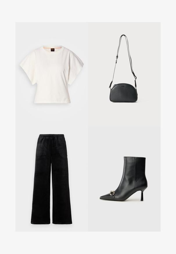 T-shirt branco cropped, mangas curtas e largas, material de algodão suave, decote redondo com um discreto acabamento laranja, design minimalista, sem padrões ou gráficos.; Calças largas pretas feitas de tecido macio, apresentando uma cintura elástica e uma textura suave. Design simples sem padrões ou acentos.; Bota preta de couro até ao tornozelo com bico apontado, salto slim de altura média e detalhe em fivela prateada de lado, contra um fundo simples.; Mala de ombro em couro preto com uma forma arredondada, duas alças ajustáveis e um logotipo discreto na frente. Exterior texturizado, design minimalista.