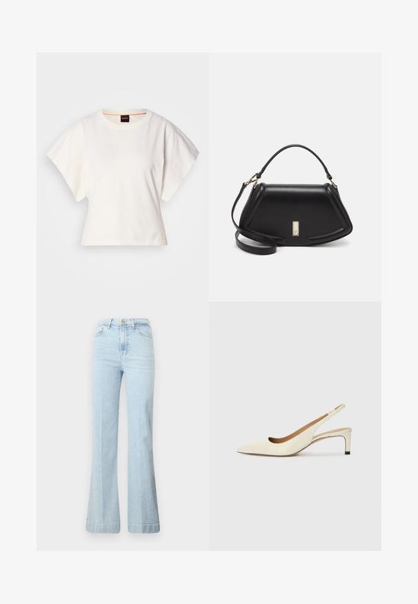 T-shirt bianca cropped, maniche corte e larghe, tessuto di cotone morbido, scollatura rotonda con bordino arancione sottile, design minimale, senza motivi o grafiche.; Jeans svasati di colore azzurro chiaro in denim. Presentano vita alta, chiusura con zip e due tasche frontali. Leggera sbiaditura del tessuto, orlo pulito.; Scarpa slingback a punta in pelle bianca sporca, caratterizzata da un tacco basso e un design con ritagli, dal texture liscia e con accenti minimi.; Borsa a mano in pelle nera con un design strutturato, caratterizzata da una forma corta, manico superiore e accessori in metallo dorato. Inclusa tracolla regolabile.