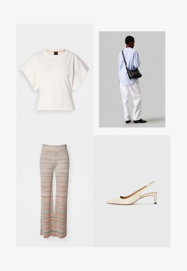 White cropped T-shirt, short wide sleeves, soft cotton material, round neckline with subtle orange trim, minimal design, no patterns or graphics.; Multi-colored knit pants with zigzag pattern, featuring a wide leg and elastic waistband. Material appears soft with a textured finish.; Pointed-toe slingback shoe in off-white leather, featuring a low heel and cut-out design with a smooth texture and minimal accents.; Black leather shoulder bag with a soft texture, triangular shape, and adjustable strap, paired with a light blue striped shirt and white pants.