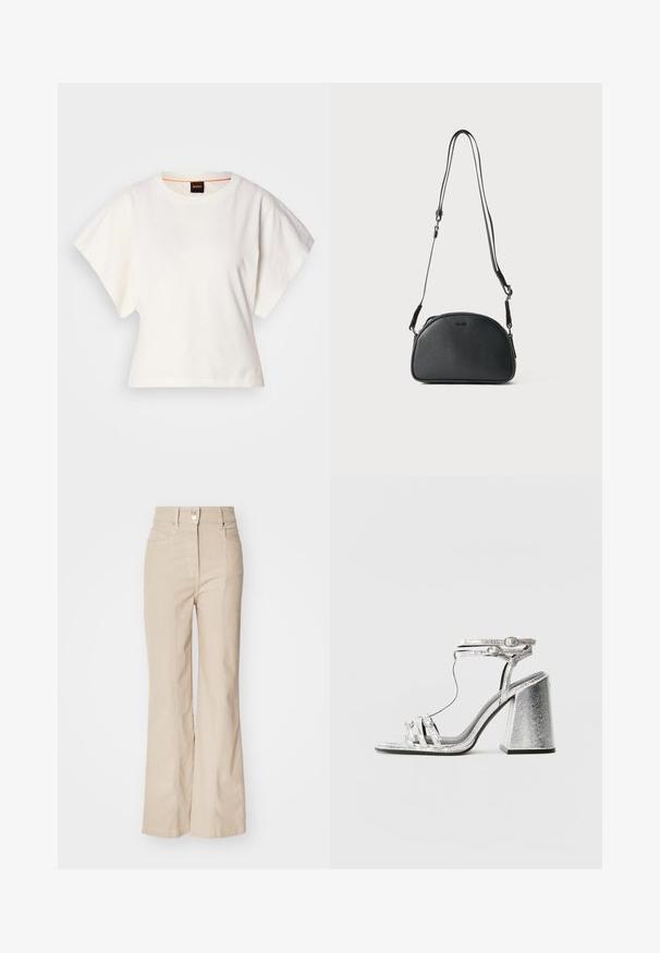 T-shirt bianca cropped, maniche corte e larghe, tessuto di cotone morbido, scollatura rotonda con bordino arancione sottile, design minimale, senza motivi o grafiche.; Pantaloni a palazzo beige a vita alta realizzati in misto cotone, con tasche frontali, zip e un dettaglio in bottone argentato in vita.; Sandalo con tacco a blocco argentato, caratterizzato da fasce sottili e una fibbia alla caviglia. Il materiale ha una finitura metallica con un aspetto testurizzato.; Borsa a tracolla in pelle nera di forma arrotondata, con due cinturini regolabili e un logo sottile sulla parte anteriore. Esterno testurizzato, design minimalista.
