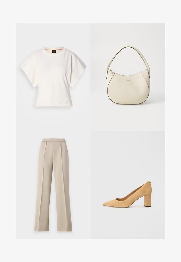 Valge lühikeste laiadte varrukatega lühike T-särk, pehme puuvillane materjal, ümar kaelus kergelt oranži ääristusega, minimaalne disain, ilma mustrite ja graafikateta.; Beežid laiad püksid sileda tekstuuriga. Omavad ees plekke, kõrget vööd ja kohandatud disaini. Ei ole taskuid ega nähtavat riistvara.; Beežist nubukist kõrge kontsaga kingad, millel on terav nina ja massiivne plokkkonts. Materjal on pehme tekstuuriga ja sileda pinnaga.; Kreemivärvi käsipott, millel on tekstureeritud viimistlus, kumer kuju, lühike käepide ja kuldse tooniga logo detail. Ülemine lukustus.