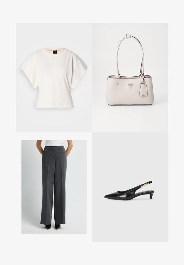 Camiseta blanca recortada, con mangas cortas y anchas, material de algodón suave, cuello redondo con un sutil ribete naranja, diseño minimalista, sin patrones ni gráficos.; Pantalones de pierna ancha grises con una tela texturizada, que presentan un frente plano, pliegues verticales y un ajuste entallado, combinados con zapatos negros.; Tacones negros de piel sintética tipo slingback con punta afilada, que cuentan con un tacón delgado y un detalle en tono dorado en la correa ajustable. Textura suave.; Bolso de mano de imitación cuero beige con textura suave, doble asa para el hombro, herrajes dorados, placa con el logo y una etiqueta adjunta.