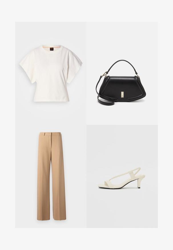 Witte gecropte T-shirt, korte brede mouwen, zachte katoenmaterialen, ronde halslijn met subtiele oranje rand, minimalistisch ontwerp, geen patronen of graphics.; Beige wijde broek, met een gladde textuur, op maat gemaakte tailleband, details van een voornaad en geen zichtbare zakken.; Beige blockhak sandalen met dunne bandjes en een vierkante neus. Glad materiaal met minimale details, ontworpen voor eenvoudig dragen.; Zwarte leren handtas met een gestructureerd ontwerp, featuring een verkorte vorm, bovenhandvat en gouden hardwareaccent. Inclusief verstelbare schouderband.